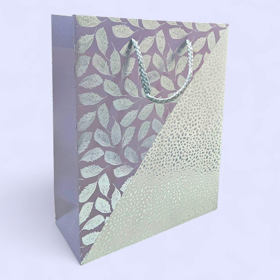 Grey goodie bag with silver Embossed leaves & dots