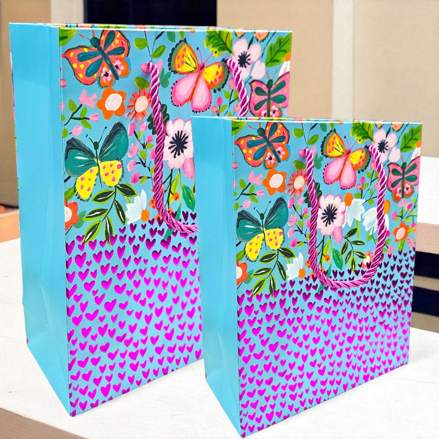 Pink metallic hearts embossed goodie bag