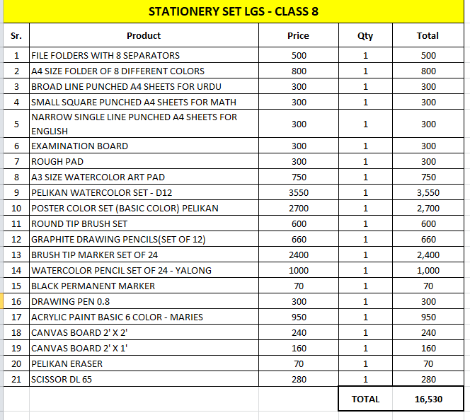 Class 8 School Stationery for LGS