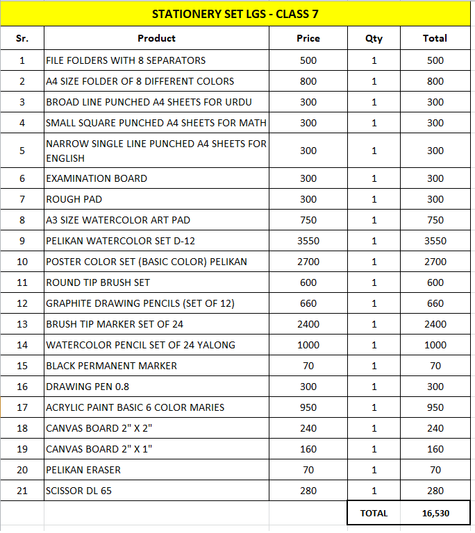 Class 7 School Stationery for LGS