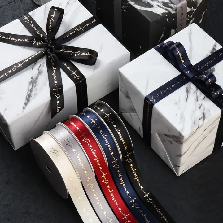 Imported Gold foil printed i love you satin ribbon of 35 yards, 1 inch width
