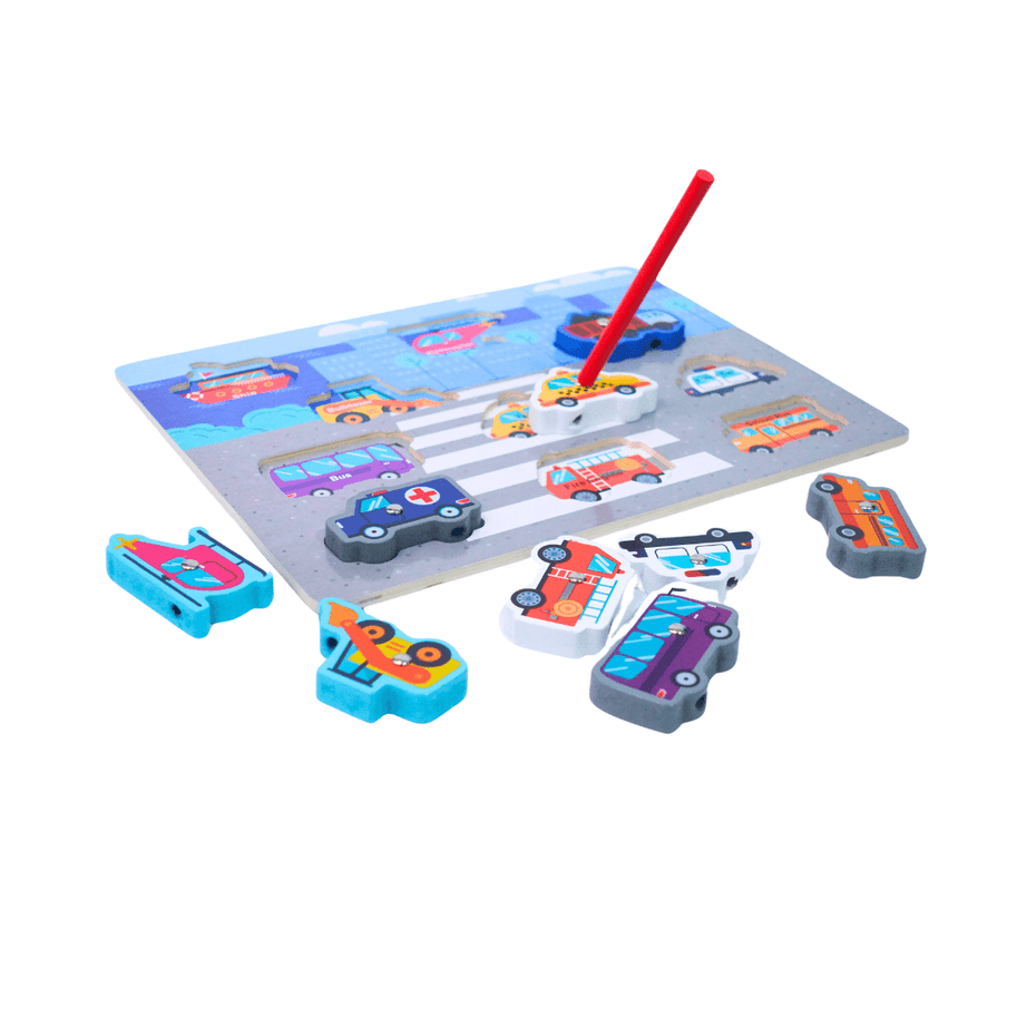 4 in 1 traffic wooden board. Threading, magnetic, sorting, white board
