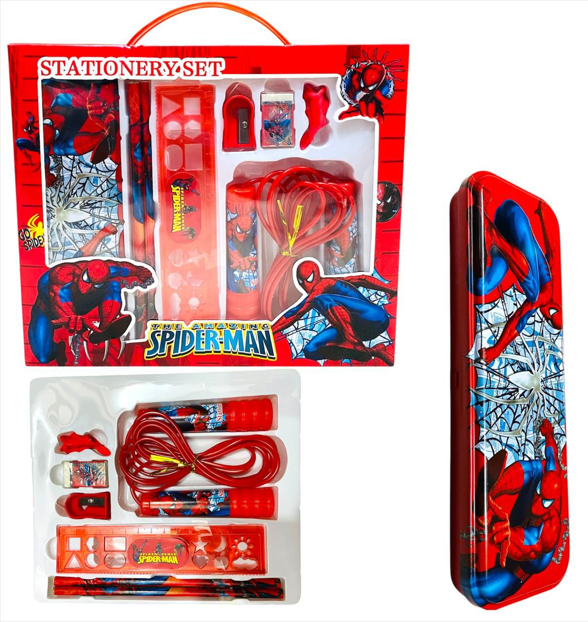 Spiderman tin box gift set with skipping rope