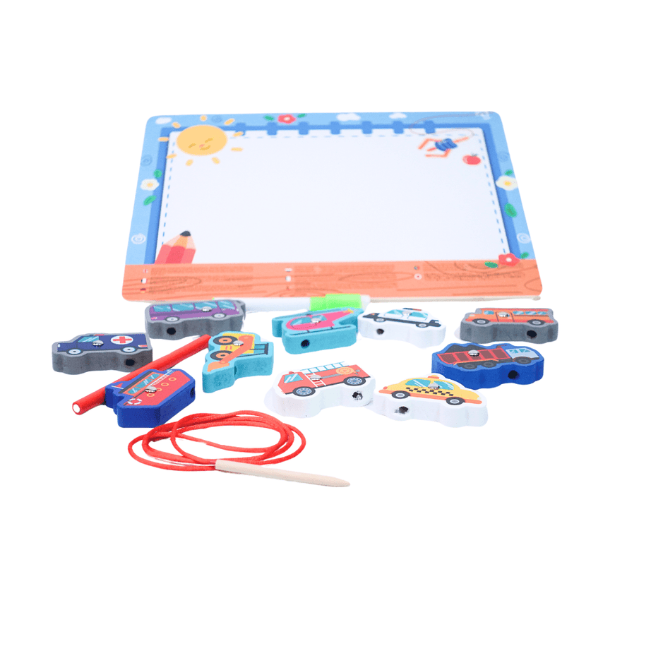 4 in 1 traffic wooden board. Threading, magnetic, sorting, white board