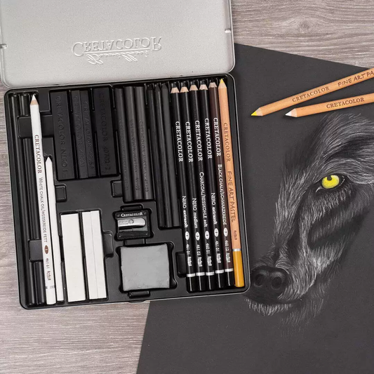 Cretacolor Wolf Box Black & White Charcoal Drawing Set of 25 Pcs