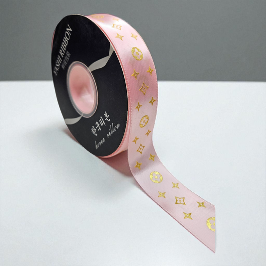 Imported LV Pink satin Ribbon with gold foil 35 yards, 1 inch width