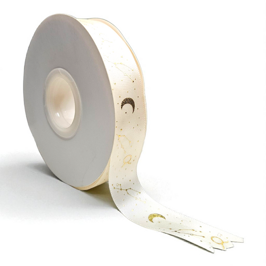 Imported gold foil satin offwhite ribbon with golden embossed moon 35 yards