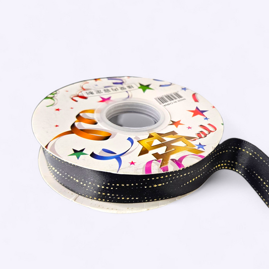 Imported golden dots satin ribbon black, gold foil printed 35 yards, 1 inch width