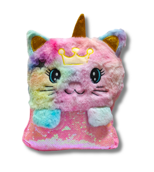 Fluffy fur unicorn/ kitty bagpack with sequins #8017 size 13 inches