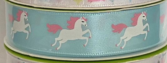 Blue Imported ribbon with White unicorn 3 yards, 2.7cm width