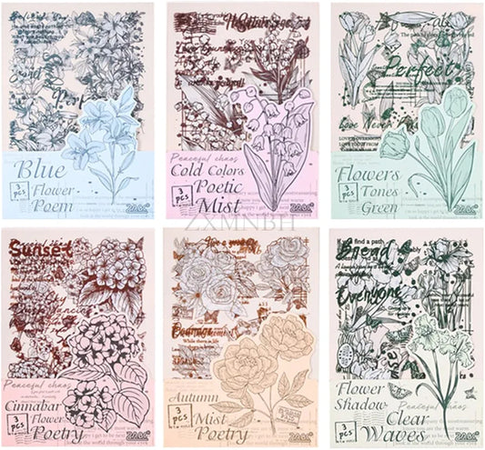 3 Pcs/ sheets Flower Shadows and Clear Water PET Stickers for Scrapbooking journal (1D2079)