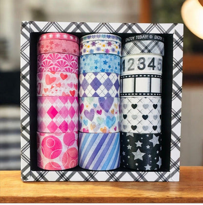Washi tape box of 18 rolls (XM-JD3064)— 6 rolls (3 cm), 3 rolls (2 cm), 3 rolls (1.5 cm), 3 rolls (1 cm), and 3 rolls (0.5 cm)