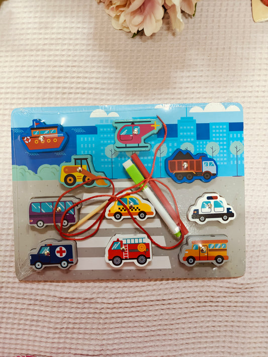 4 in 1 traffic wooden board. Threading, magnetic, sorting, white board