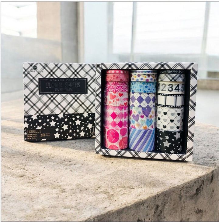 Washi tape box of 18 rolls (XM-JD3064)— 6 rolls (3 cm), 3 rolls (2 cm), 3 rolls (1.5 cm), 3 rolls (1 cm), and 3 rolls (0.5 cm)