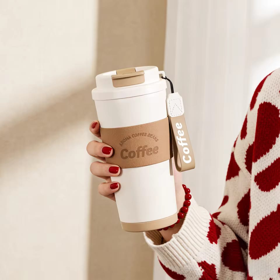 500ml Travel Insulated Vacuum Coffee Tumbler Mug Leather Sleeve Rope Stainless Steel Thermos Cups