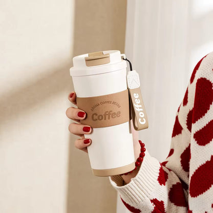 500ml Travel Insulated Vacuum Coffee Tumbler Mug Leather Sleeve Rope Stainless Steel Thermos Cups
