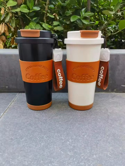 500ml Travel Insulated Vacuum Coffee Tumbler Mug Leather Sleeve Rope Stainless Steel Thermos Cups