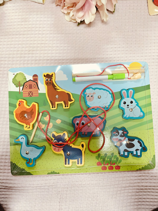 Farm animals 4 in 1 wooden board, threading, white board, magnetic, sorting