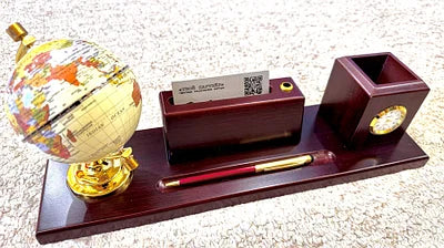 Wooden Pen Organizer With Globe, Clock and Card Holder # 2419