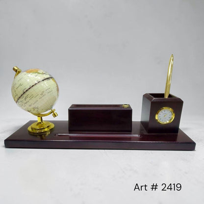 Wooden Pen Organizer With Globe, Clock and Card Holder # 2419