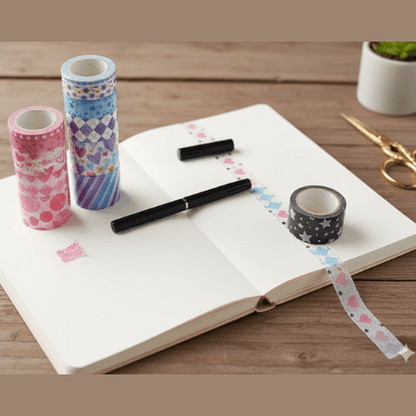 Washi tape box of 18 rolls (XM-JD3064)— 6 rolls (3 cm), 3 rolls (2 cm), 3 rolls (1.5 cm), 3 rolls (1 cm), and 3 rolls (0.5 cm)