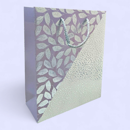 Grey goodie bag with silver Embossed leaves & dots