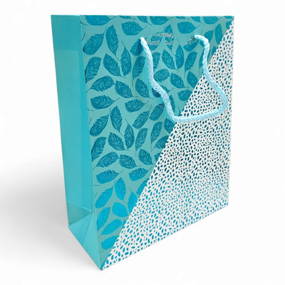 Metallic goodie bag in Turquoise embossed leaves & dots