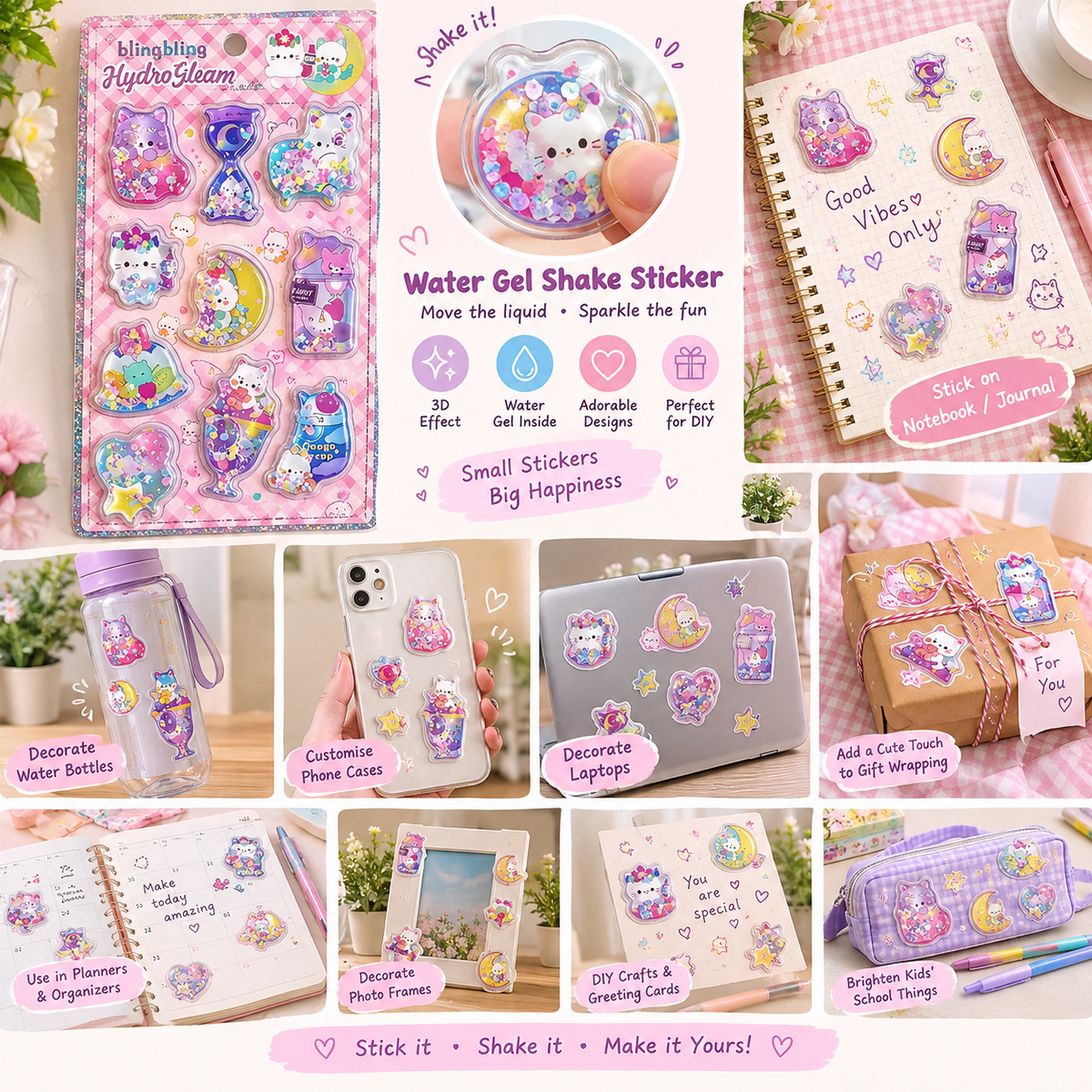 3D water-filled glitter shaker epoxy stickers