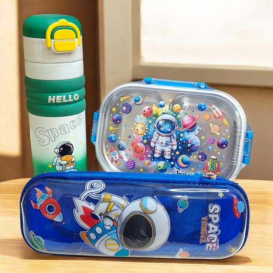 Space deal 3 in 1 (thermos water bottle, pencil case & stainless steel lunch box)