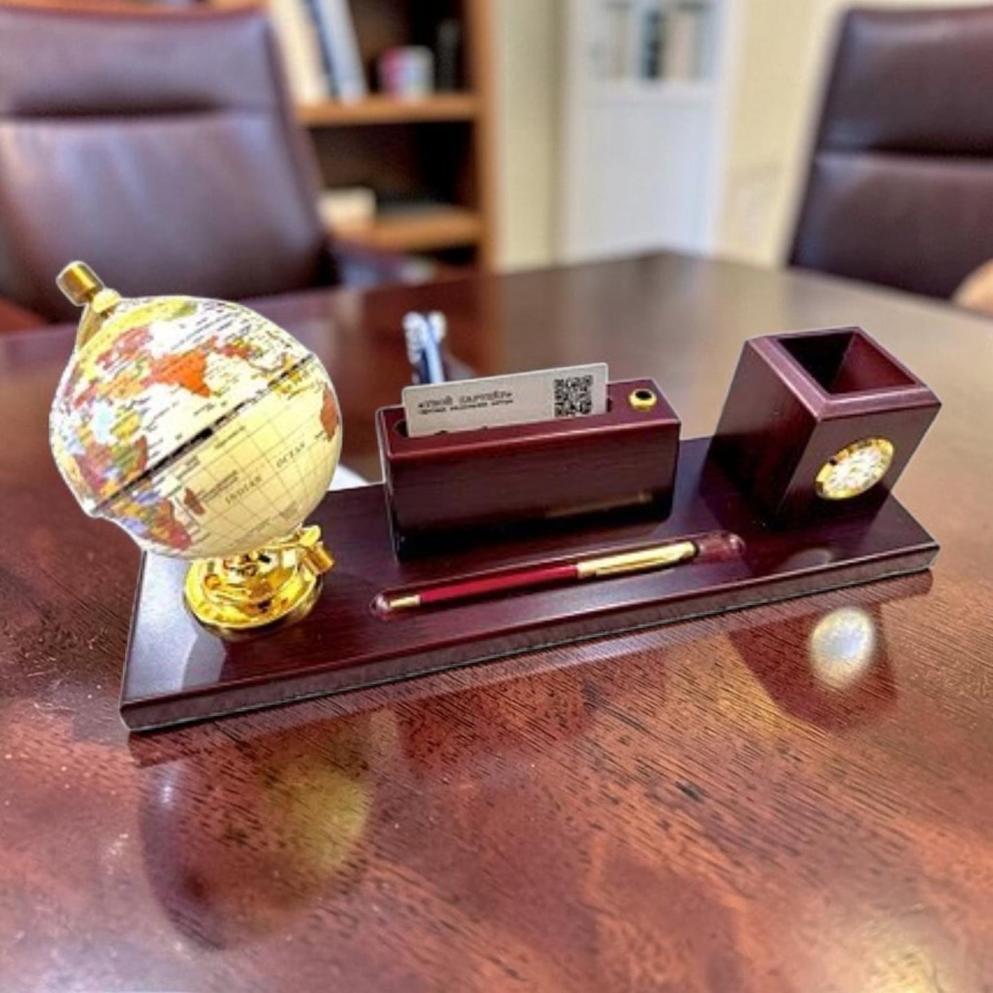 Wooden Pen Organizer With Globe, Clock and Card Holder # 2419
