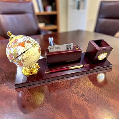 Wooden Pen Organizer With Globe, Clock and Card Holder # 2419