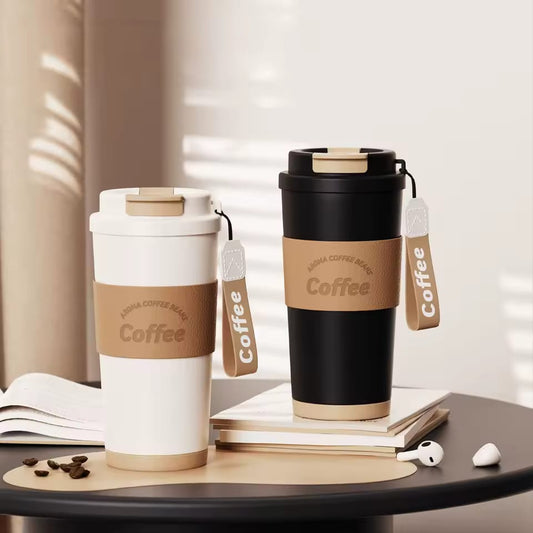 500ml Travel Insulated Vacuum Coffee Tumbler Mug Leather Sleeve Rope Stainless Steel Thermos Cups