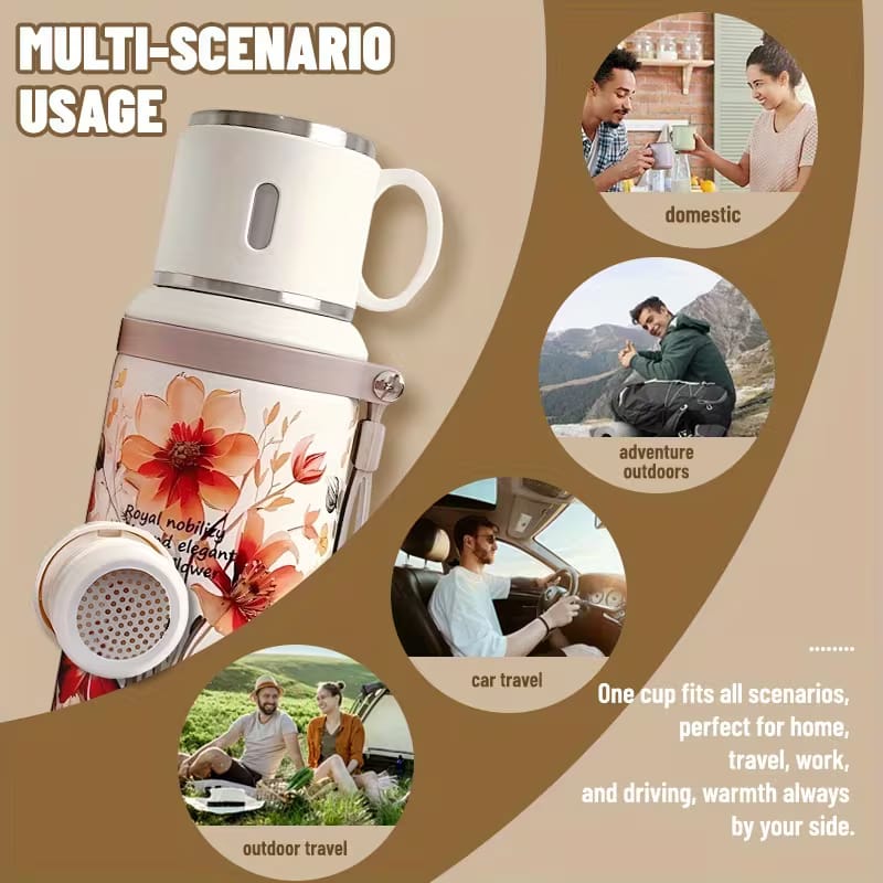 Floral thermos with 7 layer temperature lock technology ft aesthetic steel cup