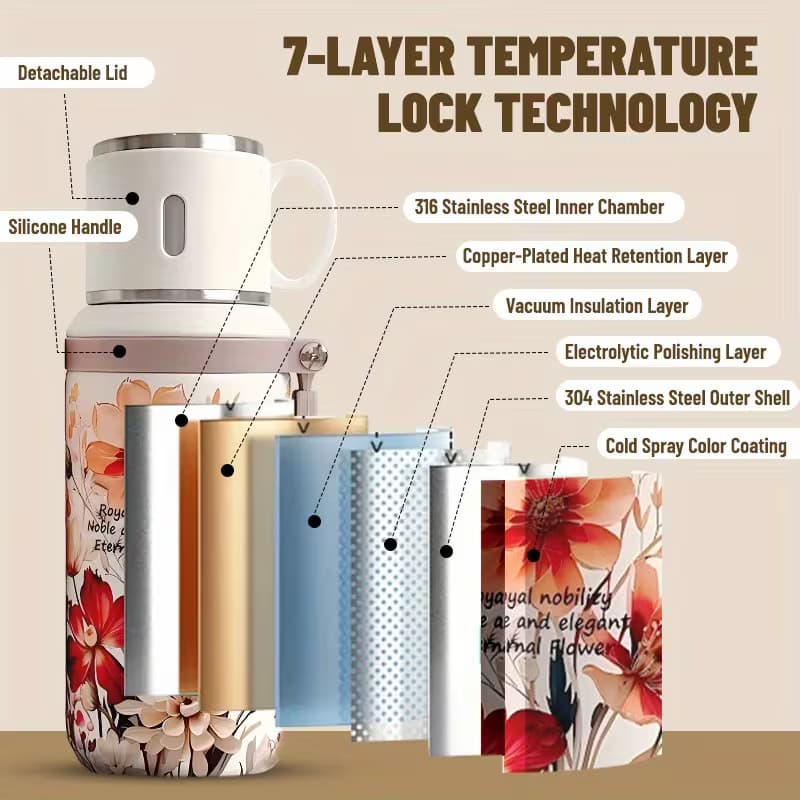 Floral thermos with 7 layer temperature lock technology ft aesthetic steel cup