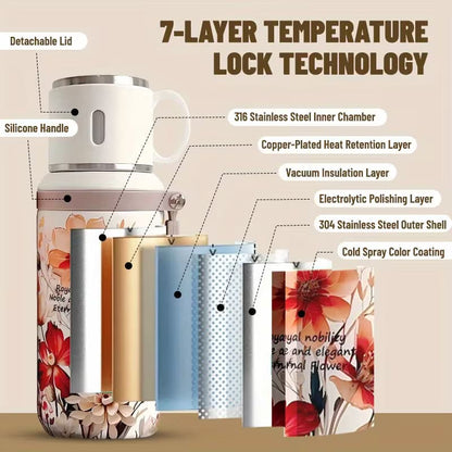 Floral thermos with 7 layer temperature lock technology ft aesthetic steel cup