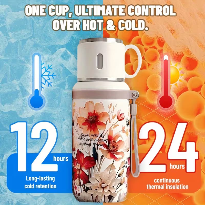 Floral thermos with 7 layer temperature lock technology ft aesthetic steel cup