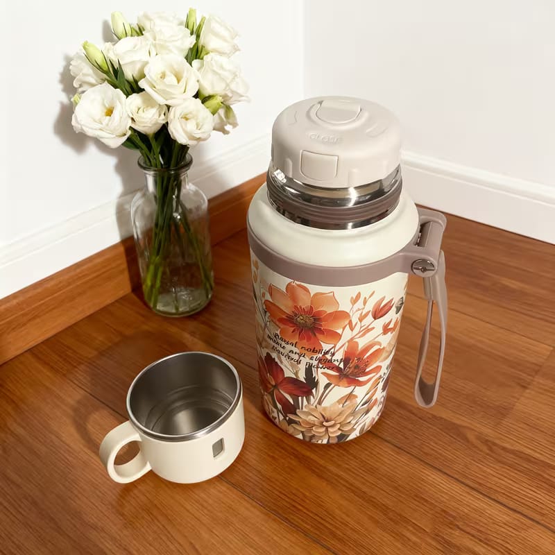 Floral thermos with 7 layer temperature lock technology ft aesthetic steel cup