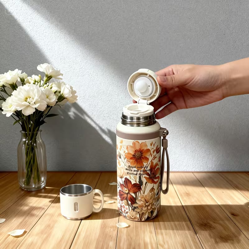 Floral thermos with 7 layer temperature lock technology ft aesthetic steel cup