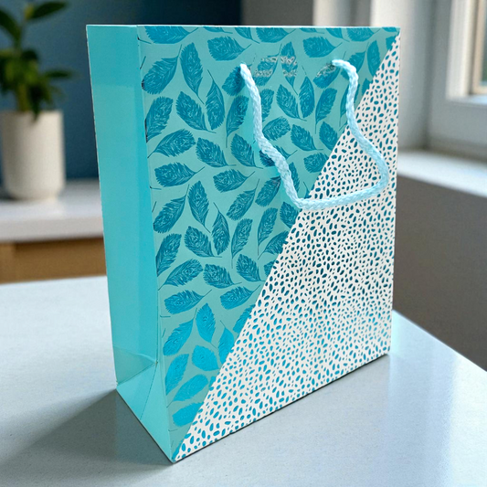 Metallic goodie bag in Turquoise embossed leaves & dots