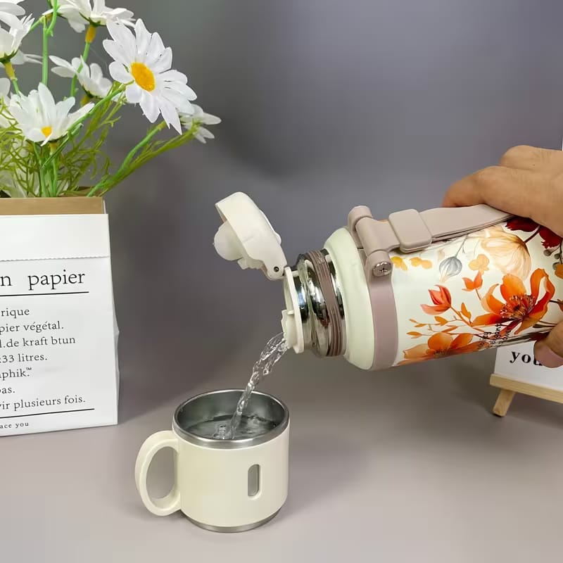 Floral thermos with 7 layer temperature lock technology ft aesthetic steel cup
