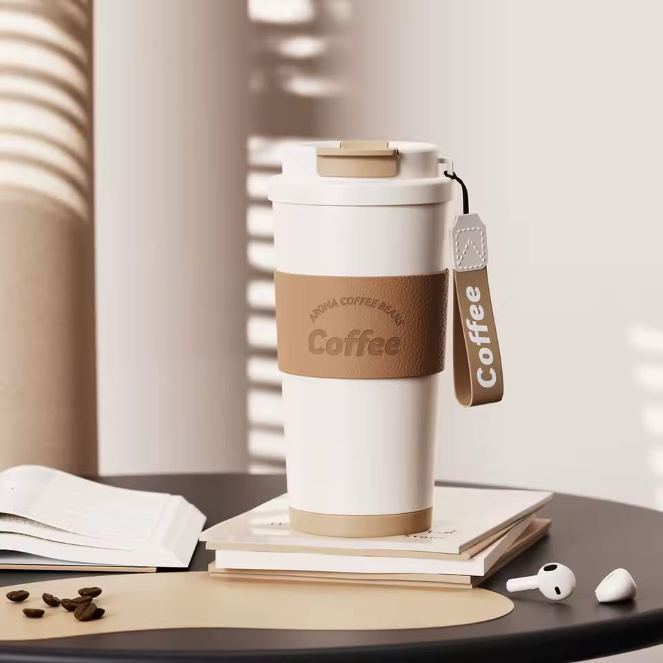 500ml Travel Insulated Vacuum Coffee Tumbler Mug Leather Sleeve Rope Stainless Steel Thermos Cups