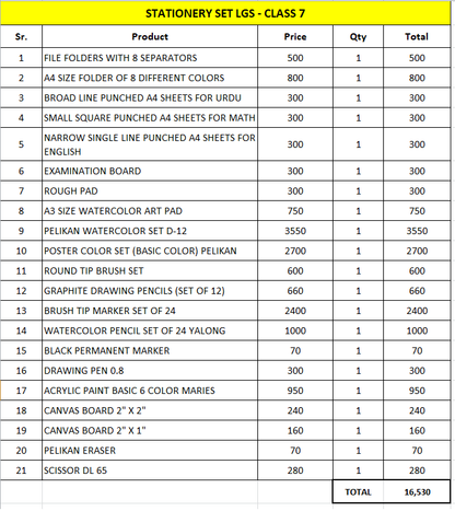 Class 7 School Stationery for LGS