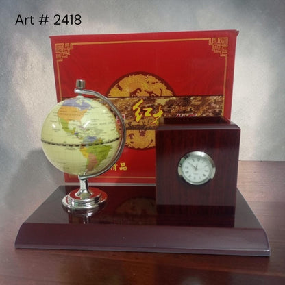 Wooden Pen Organizer With Globe and Clock # 2418