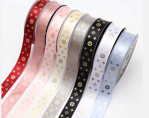 Imported LV ribbon, gold foil printed satin ribbon 35 yards, width