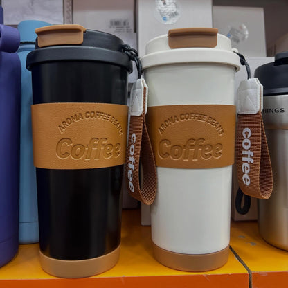 500ml Travel Insulated Vacuum Coffee Tumbler Mug Leather Sleeve Rope Stainless Steel Thermos Cups