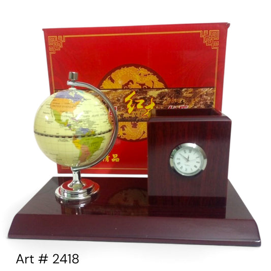 Wooden Pen Organizer With Globe and Clock # 2418