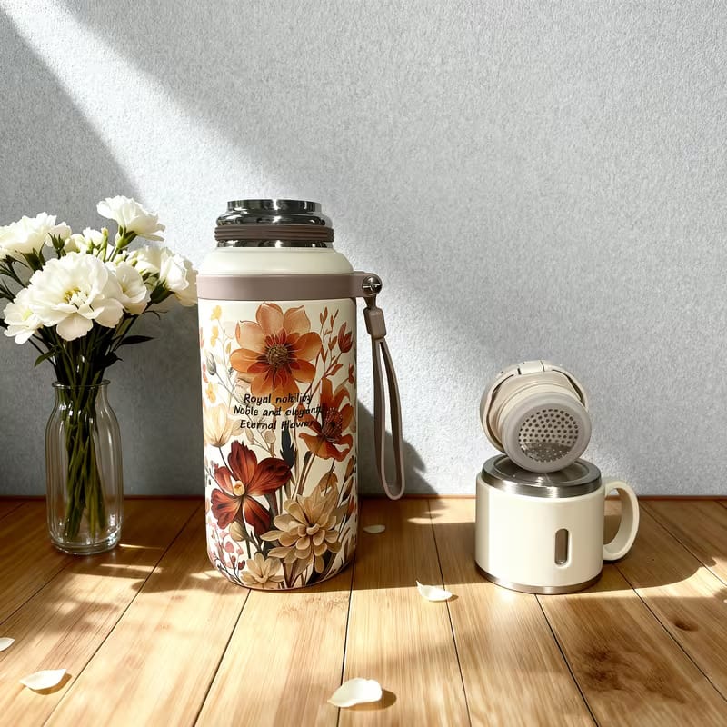 Floral thermos with 7 layer temperature lock technology ft aesthetic steel cup