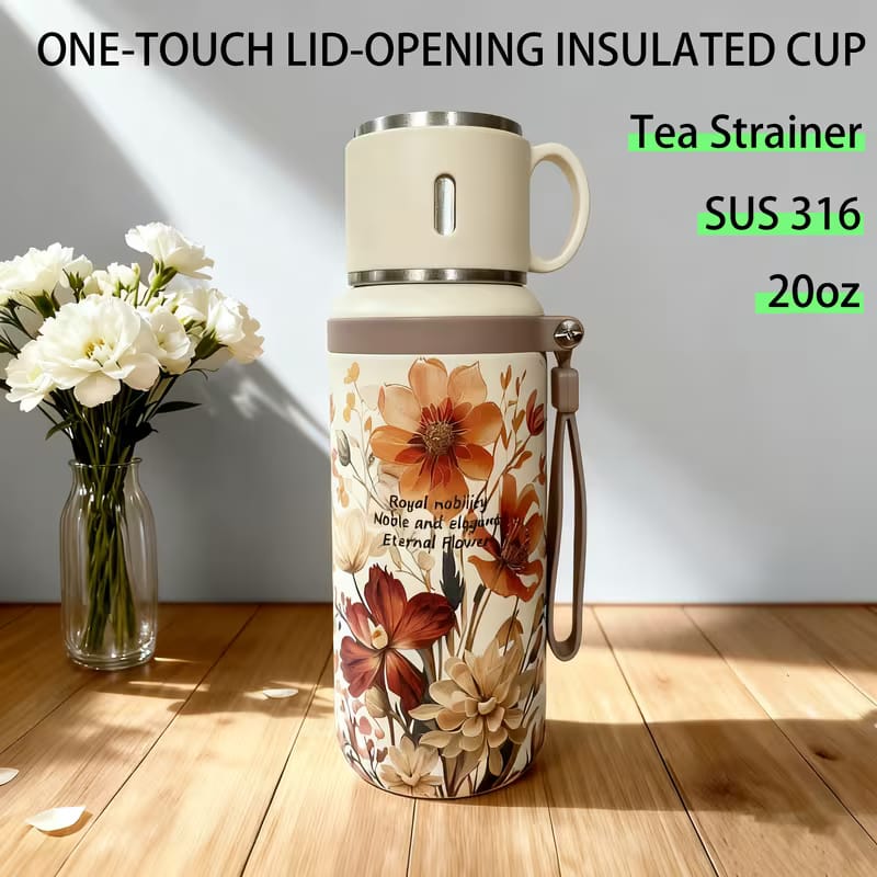 Floral thermos with 7 layer temperature lock technology ft aesthetic steel cup