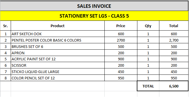 Class 5 School Stationery for LGS