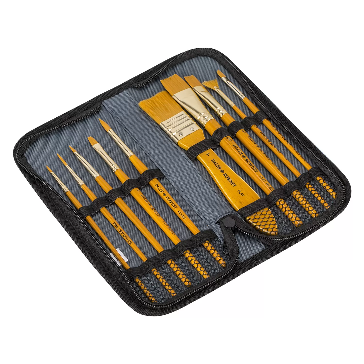 Daler Rowney Gold Taklon Synthetic Hair Brush Set Of 10 With Zip Case